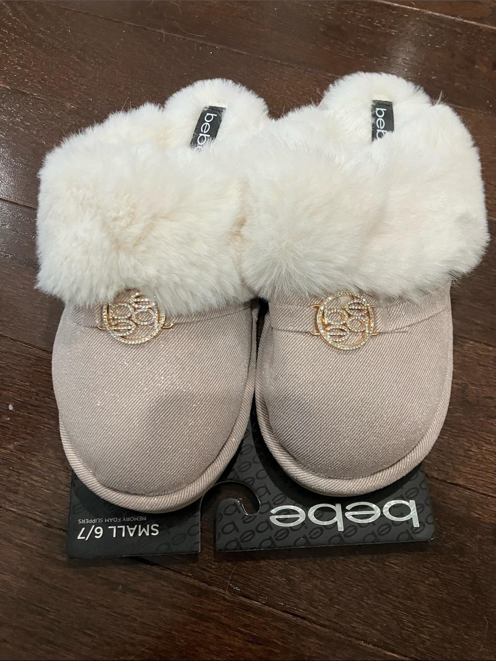 bebe Cream Plush Fur Slide Slippers with Gold Emblem
